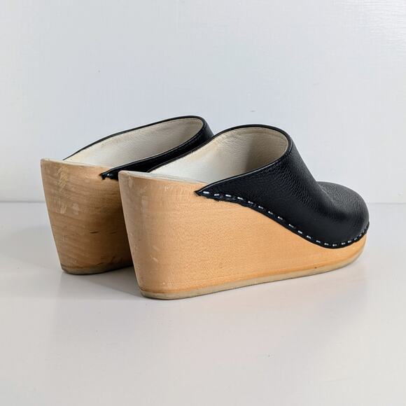 Maguba Clogs Wedge Heels 37 Black Leather Wood Platform Scandinavian Boho - Picture 12 of 12